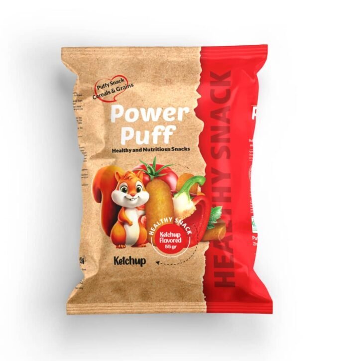 PowerPuff Ketchup Flavored – Healthy Organic Puff Snack (Whole Grain & Legume Base)